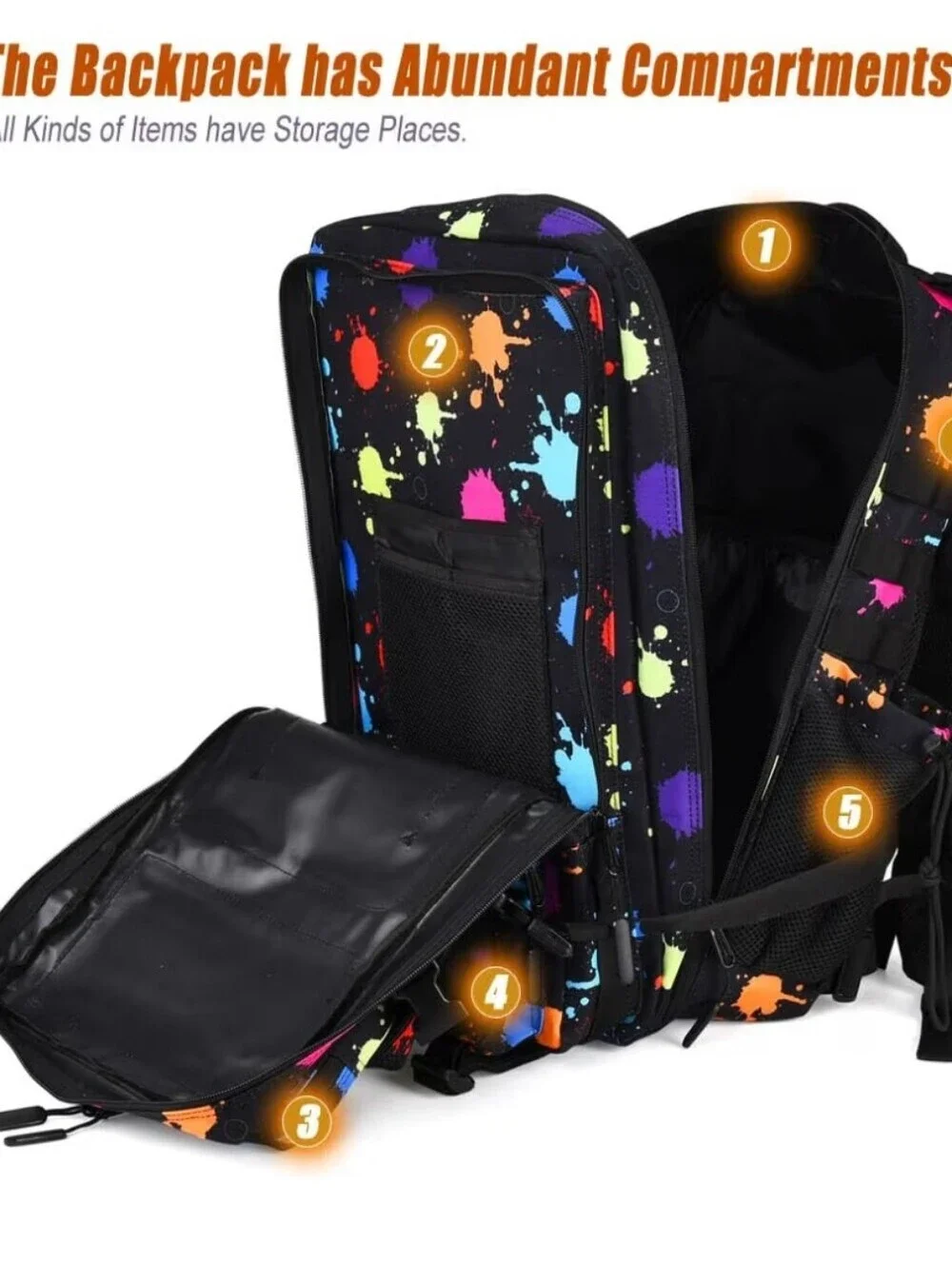Tactical Backpack for Men - Black with Multicolor Paint Splatter